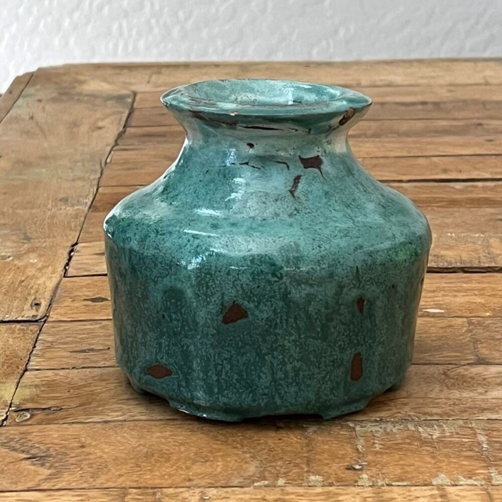 Studio Art Pottery Vase Stoneware Green Blue Drip Glaze